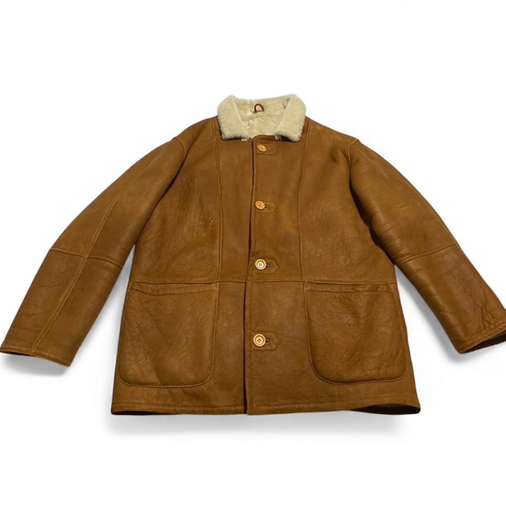 Vintage Sheepskin Shearling Bomber Coat Jacket Tan / Brown Leather Mens Large L